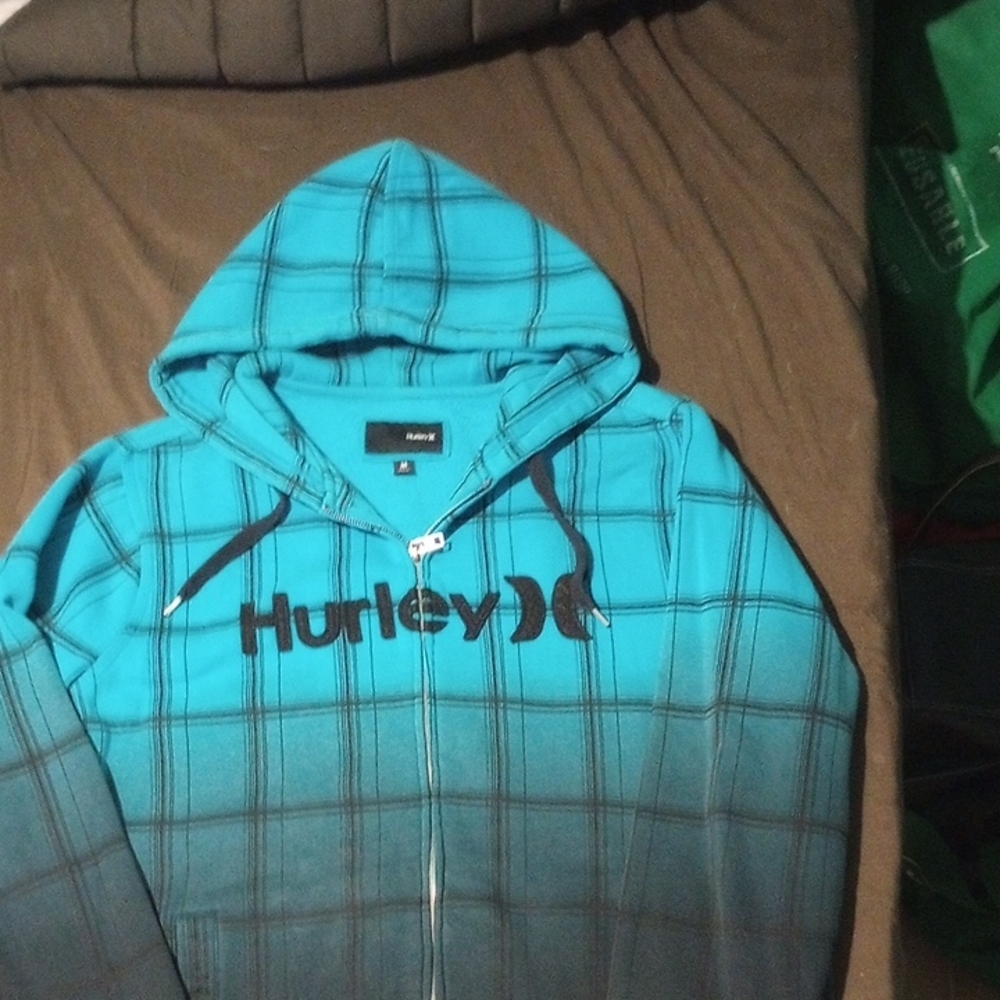 Hurley Teal Checkered Zip-Up Hoodie